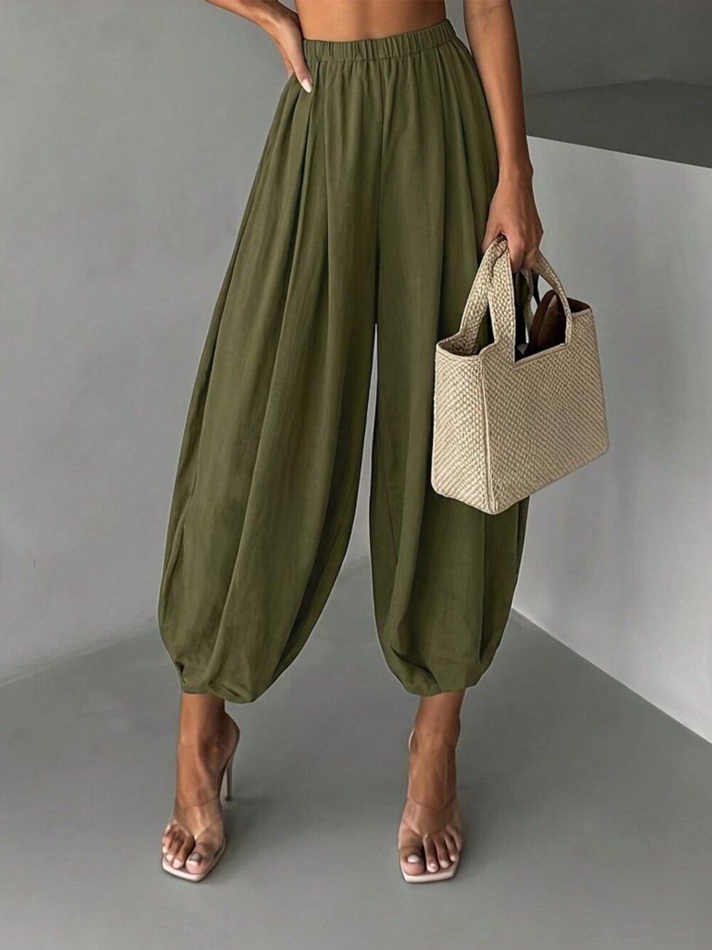 Olive Green Casual Women's Textured Fabric Loose Tapered Leg Pants